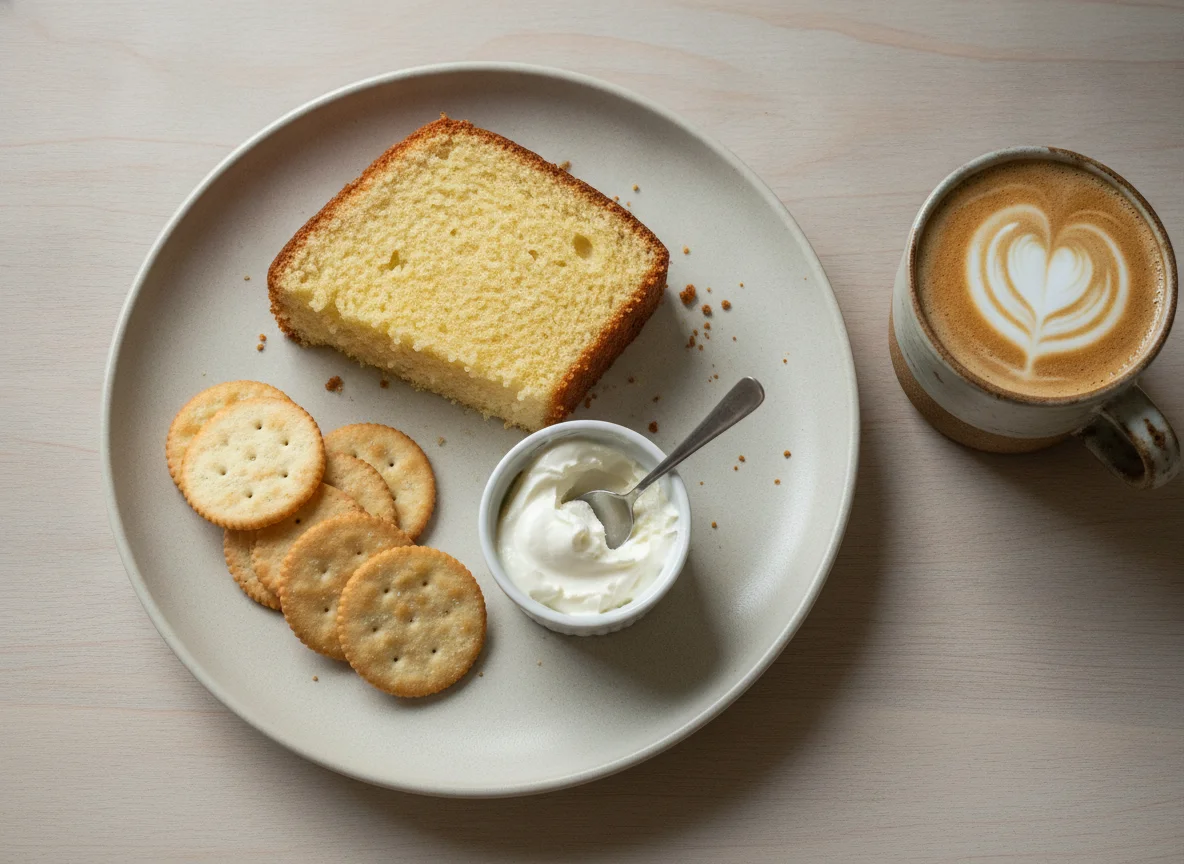 Café da manhã com bolo e biscoitos de água e sal photo
