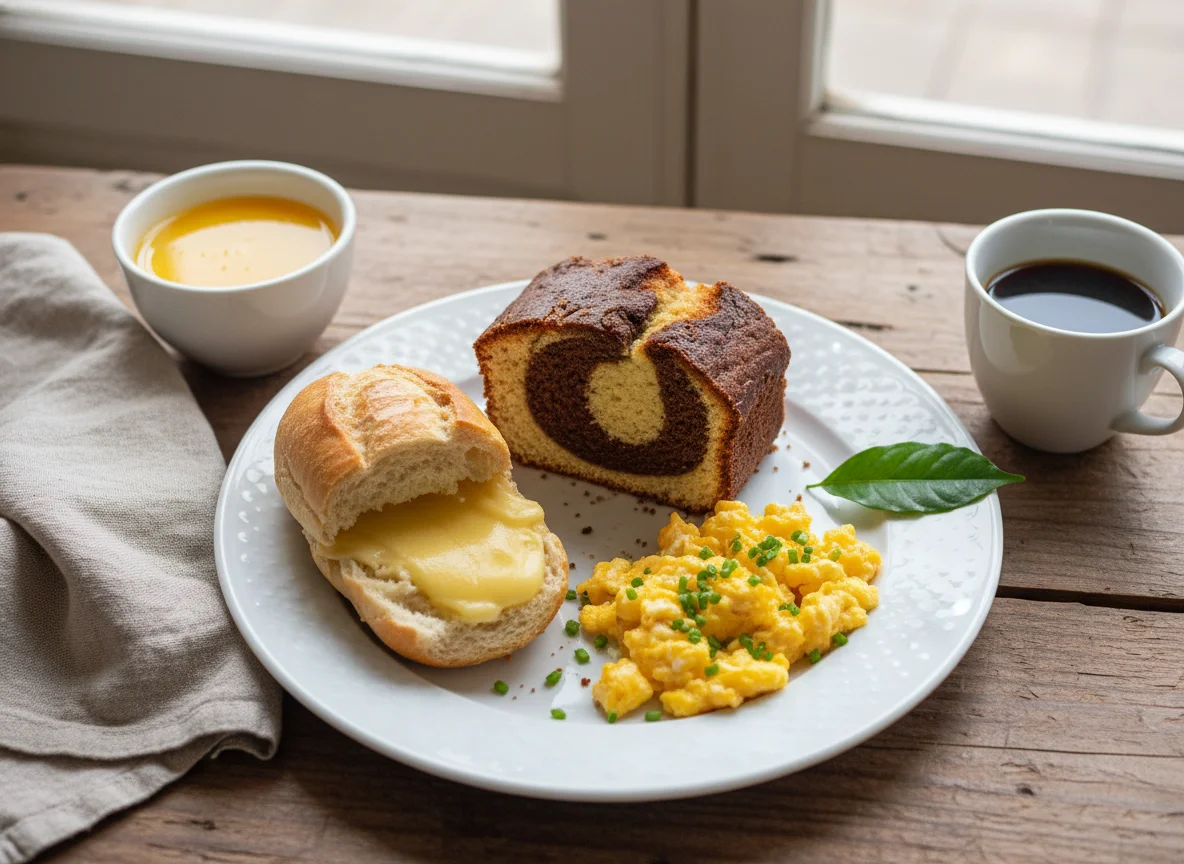 Café da manhã com bolo e pão com ovos photo