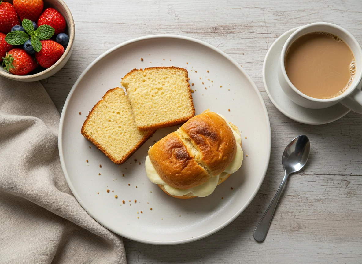 Café da manhã com bolo e pão na chapa photo