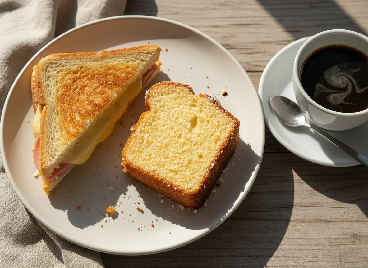 Café da manhã com bolo, misto quente e café photo