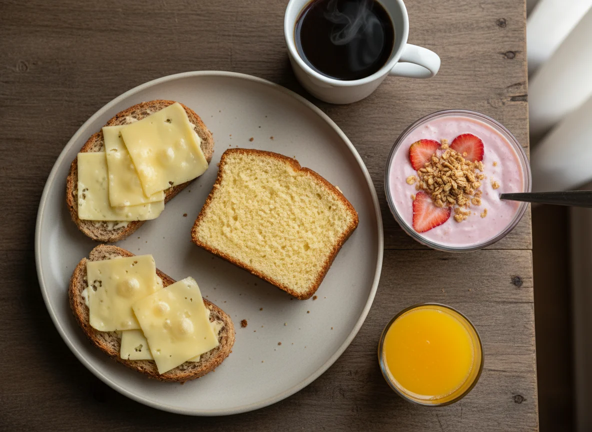 Café da manhã com bolo, pão com queijo e iogurte photo