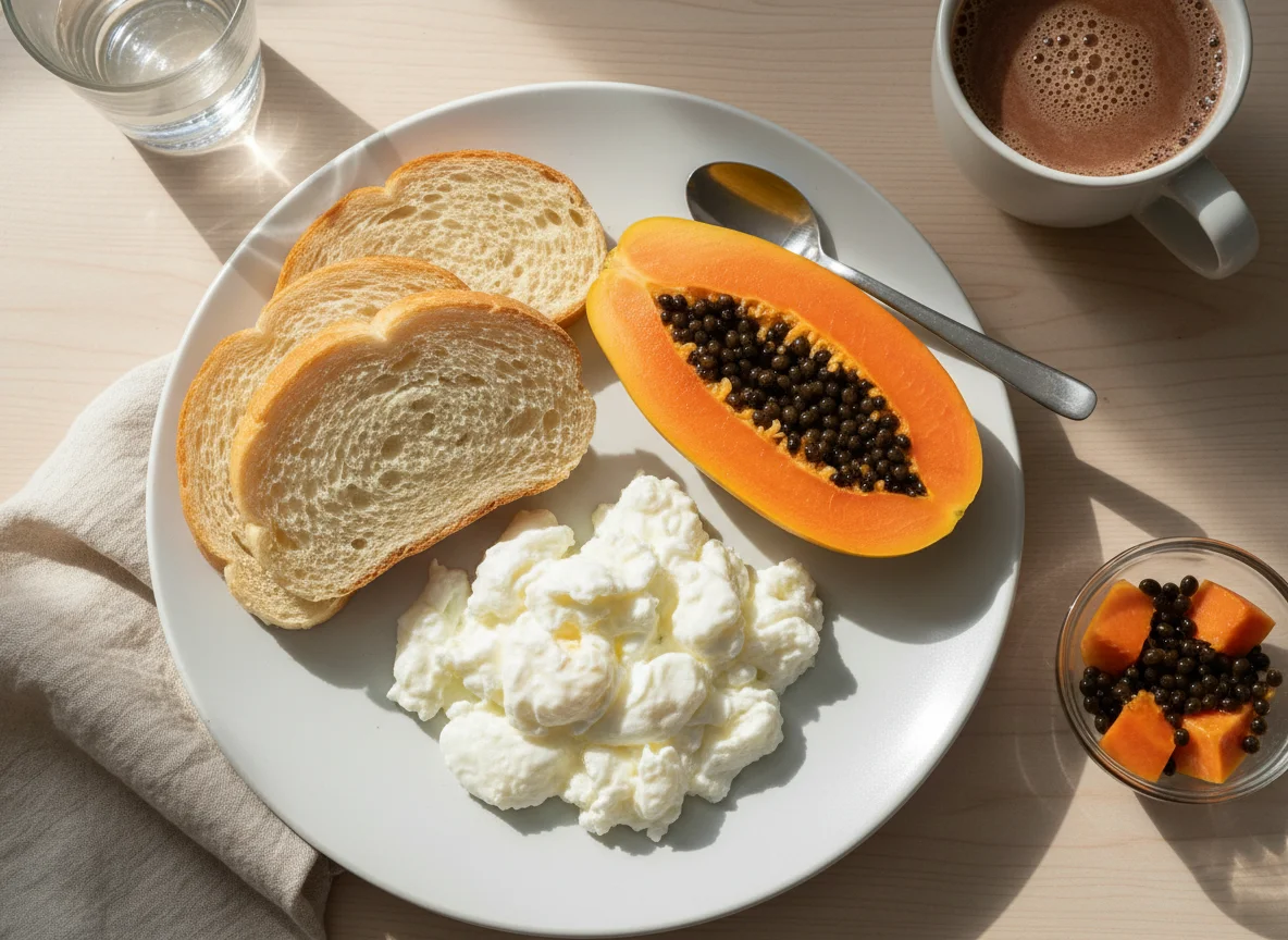 Café da manhã com claras de ovos, pão e mamão photo
