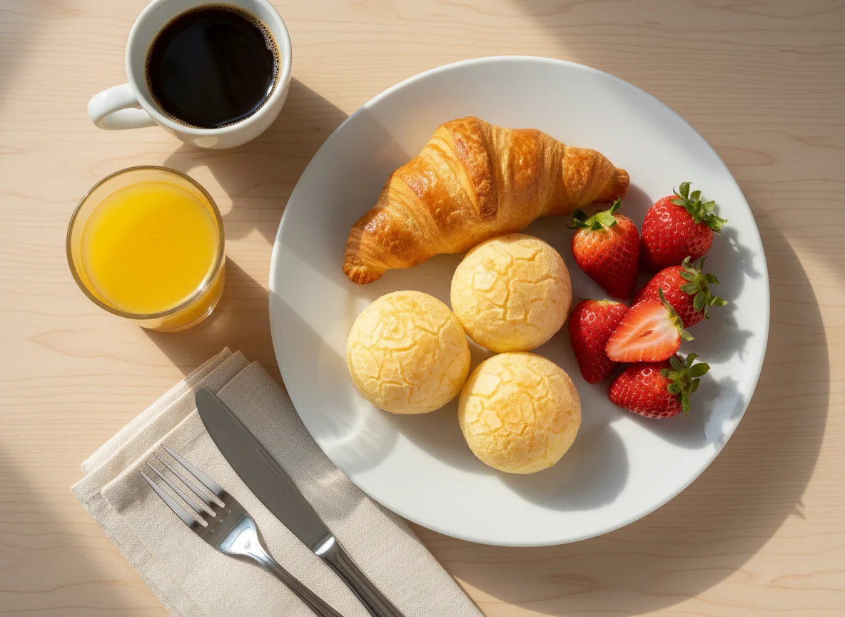 Café da manhã com croissant, pão de queijo e morangos photo