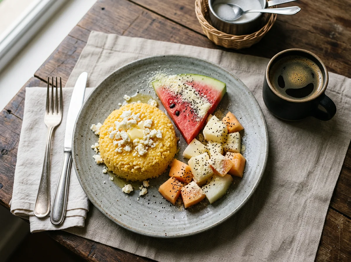 Café da manhã com cuscuz de milho, frutas e café photo