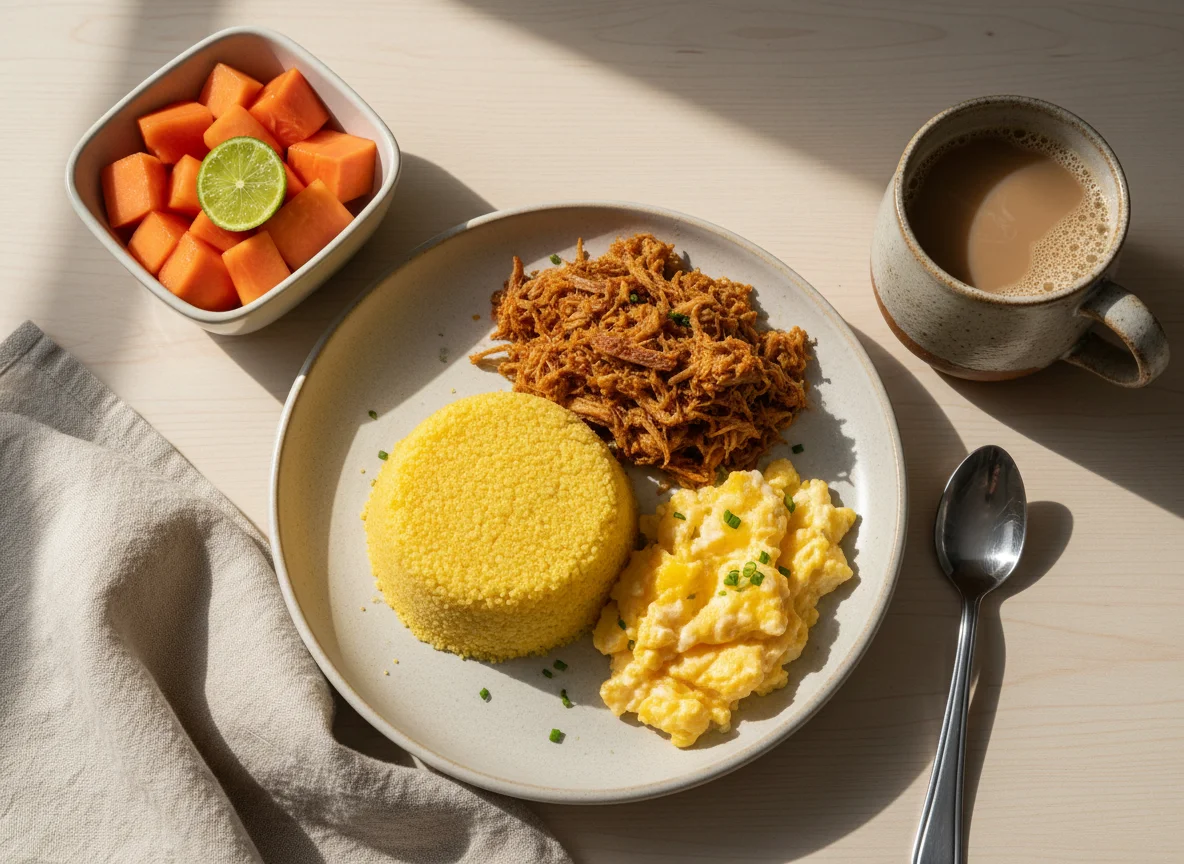 Café da manhã com cuscuz e mamão photo