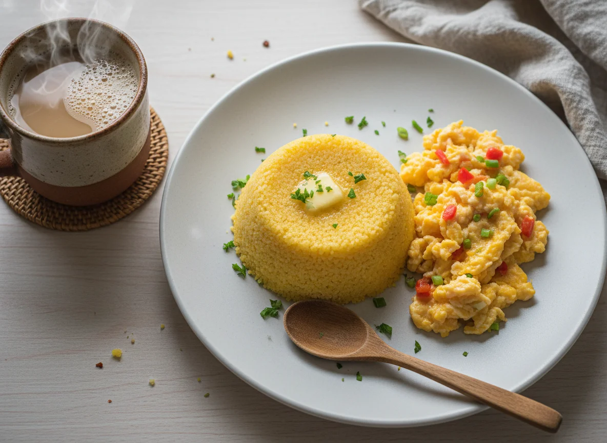 Café da manhã com cuscuz e ovos mexidos photo