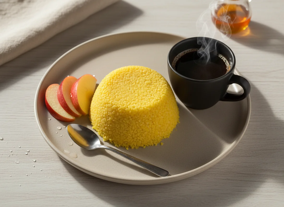 Café da manhã com cuscuz, maçã e café photo