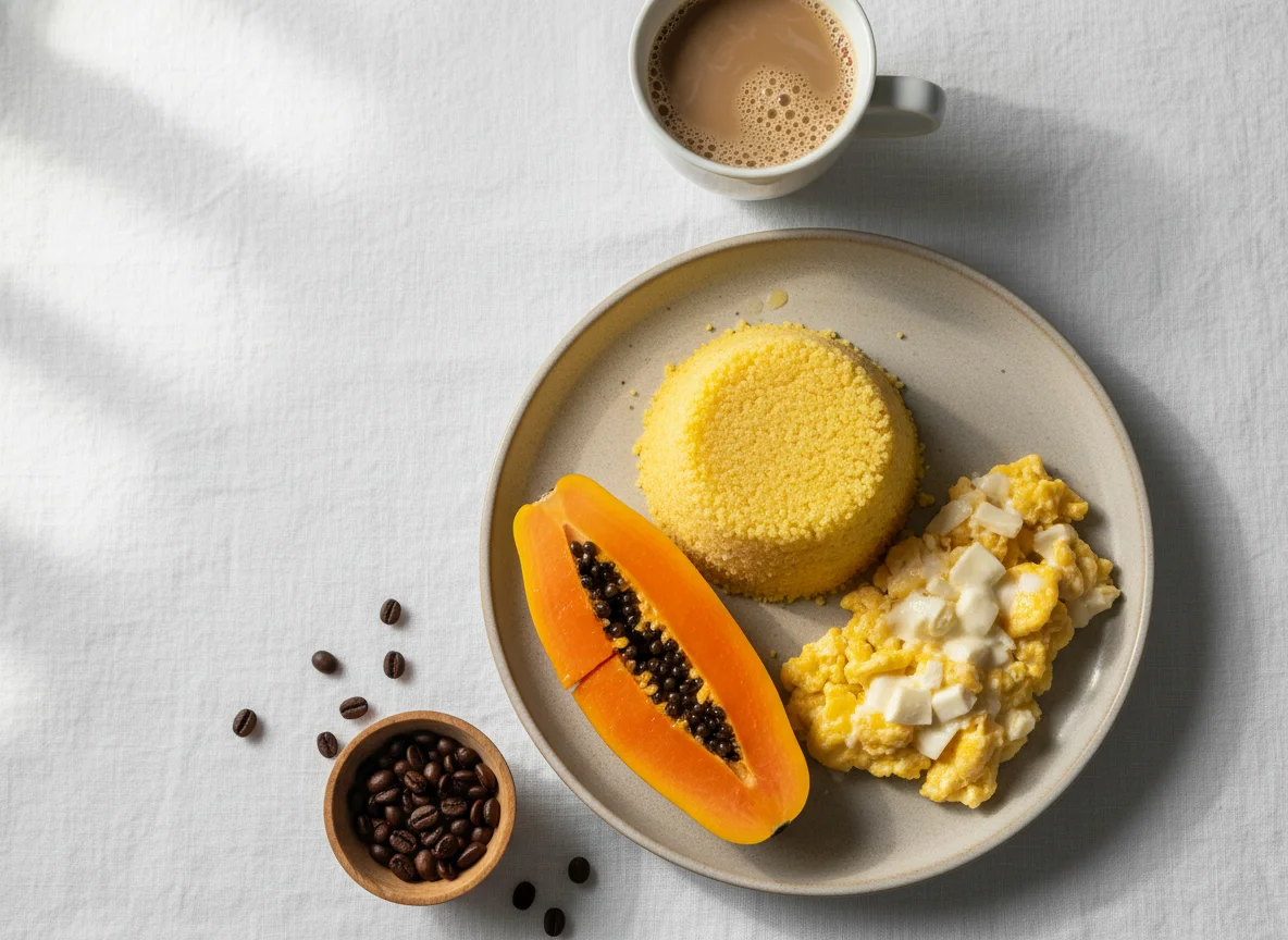 Café da manhã com cuscuz, ovos e mamão photo