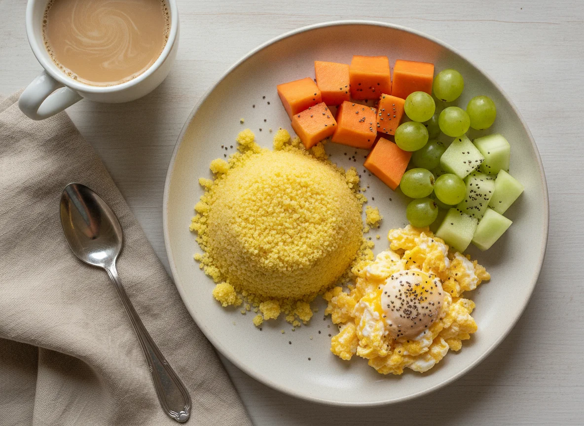 Café da manhã com cuscuz, ovos, frutas e café com leite photo