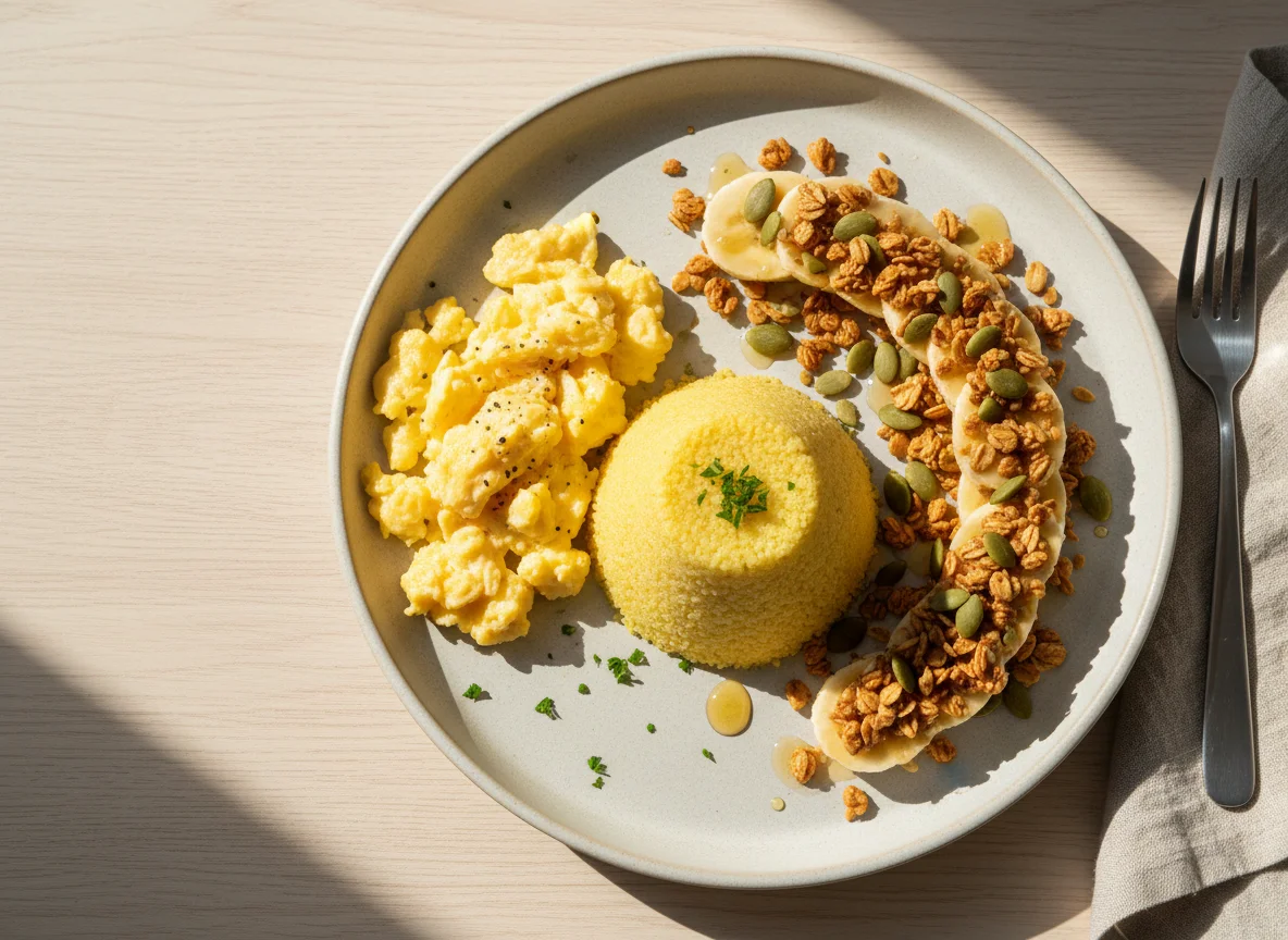 Café da manhã com cuscuz, ovos mexidos e banana com granola photo
