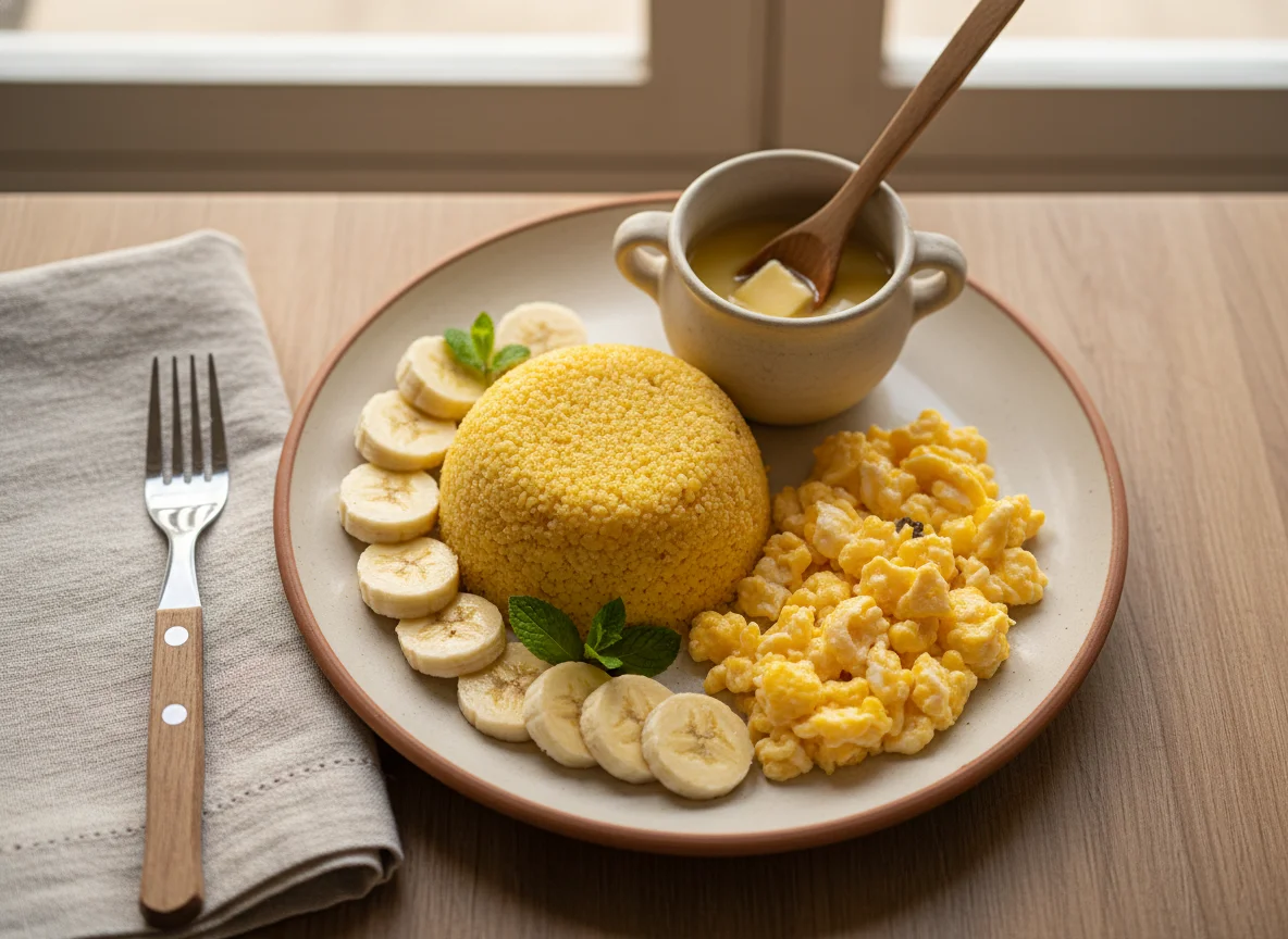 Café da manhã com cuscuz, ovos mexidos e banana photo