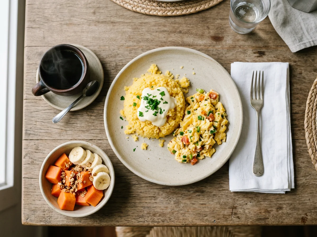 Café da manhã com cuscuz, ovos mexidos e frutas photo