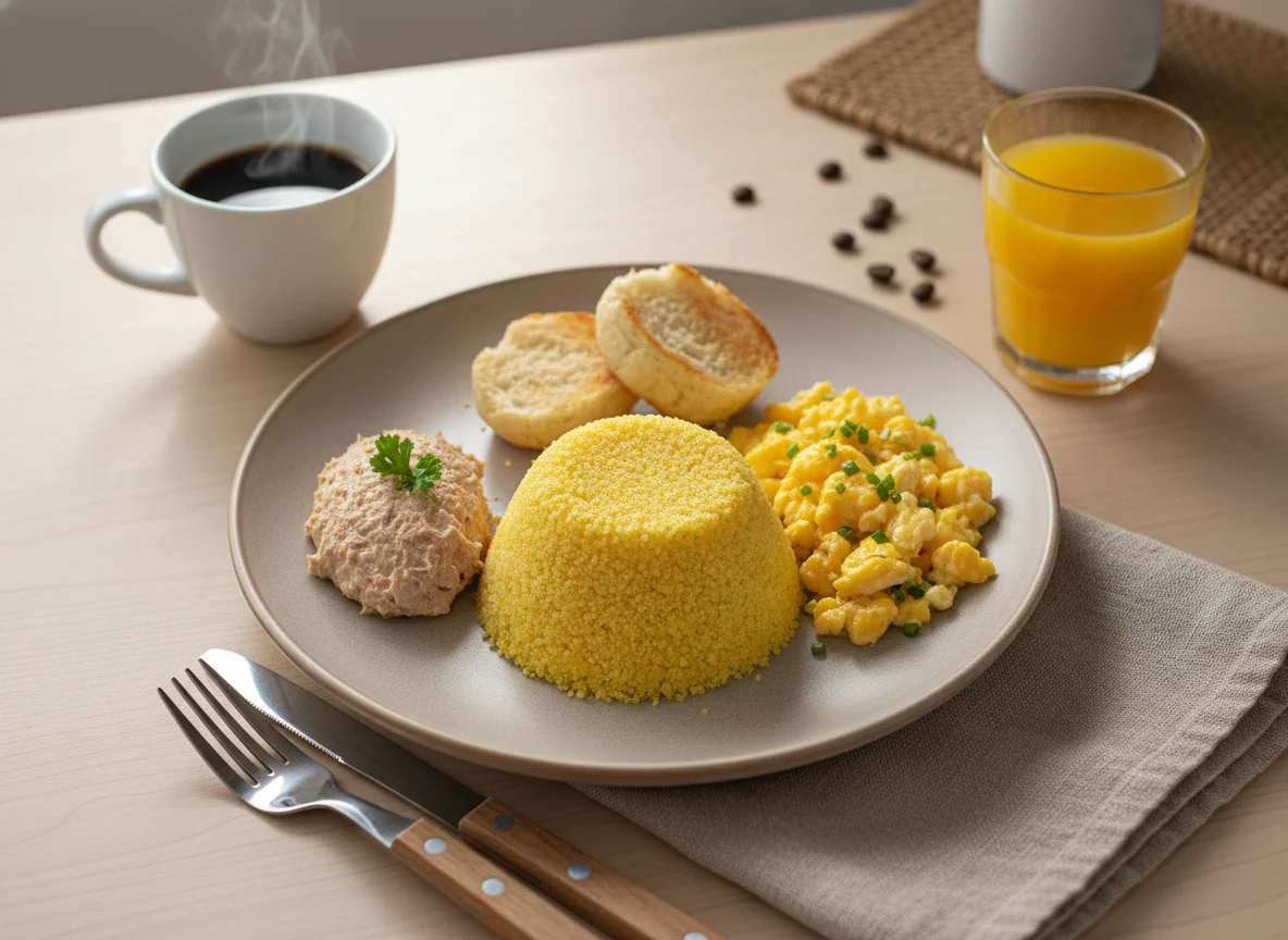 Café da manhã com cuscuz, ovos mexidos e patê photo
