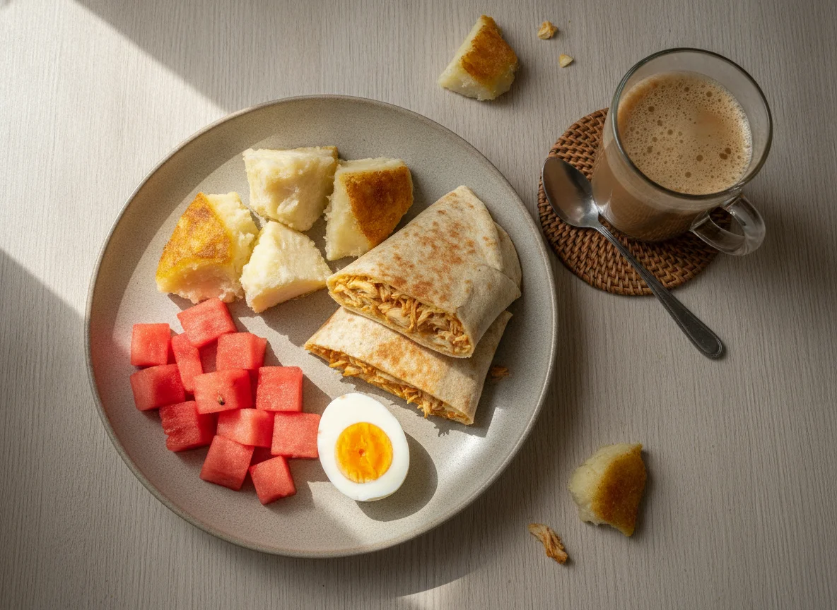 Café da manhã com fruta-pão, rap10 de frango, ovo, melancia e super coffee photo