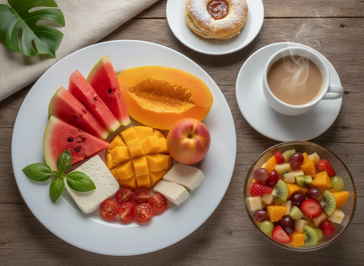 Café da manhã com frutas e acompanhamentos photo