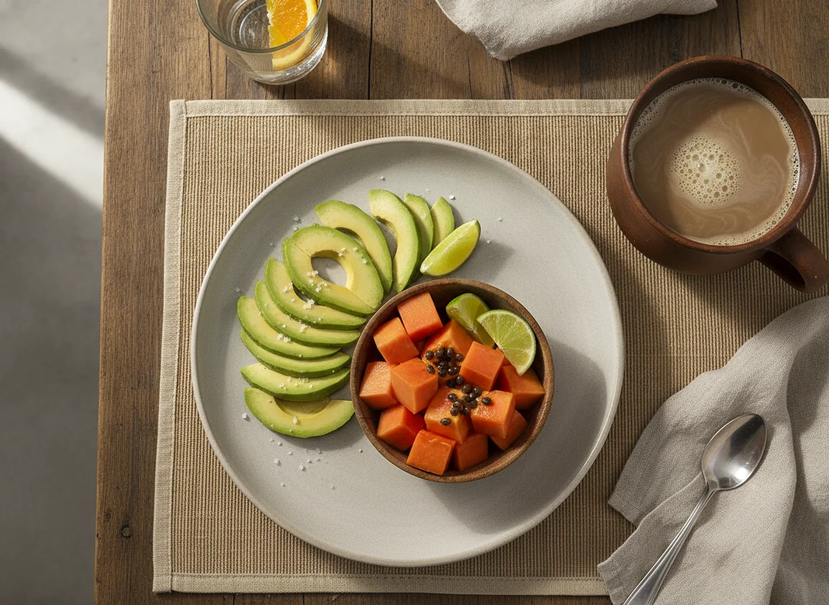 Café da manhã com frutas e café com leite photo