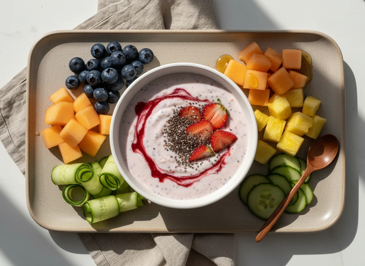 Café da manhã com frutas e iogurte com chia photo