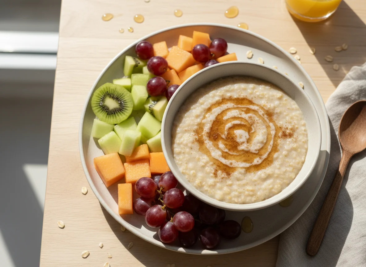 Café da manhã com frutas e mingau de aveia photo