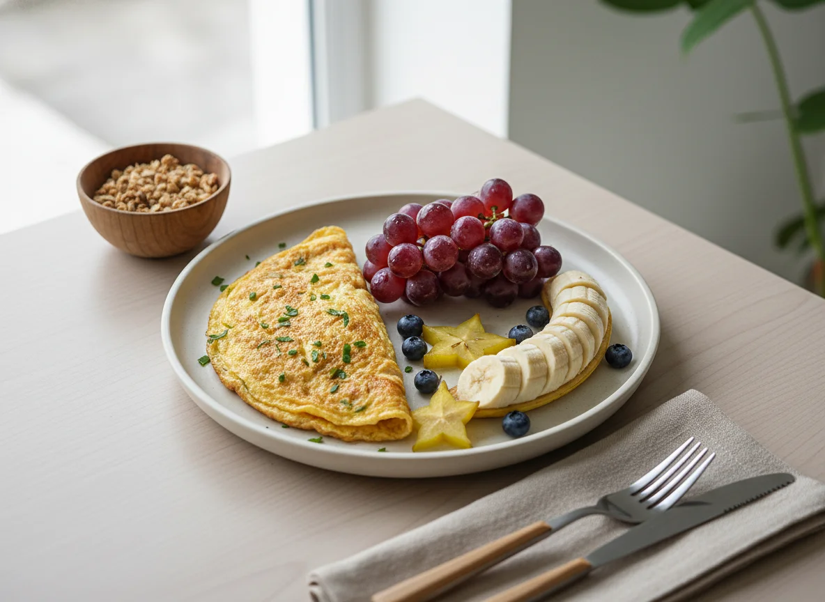 Café da manhã com frutas e omelete photo