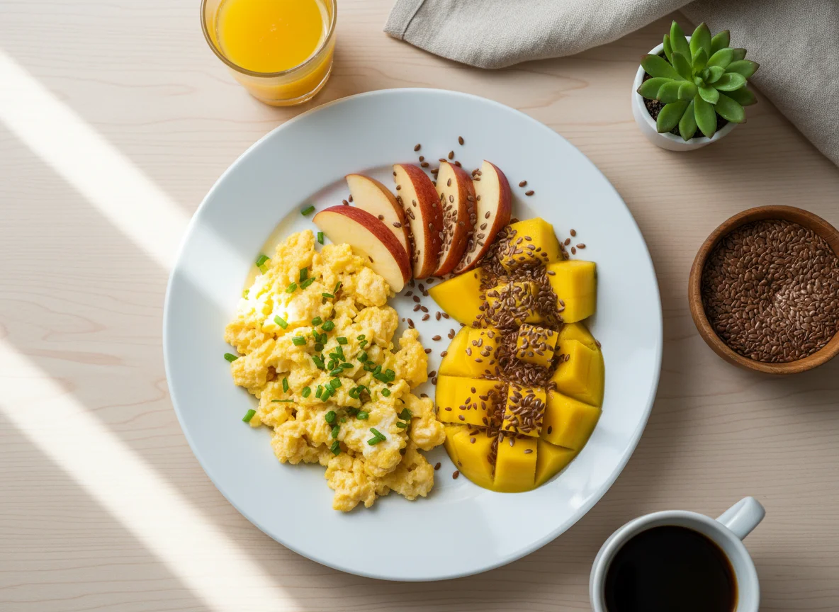 Café da manhã com frutas e ovos mexidos photo
