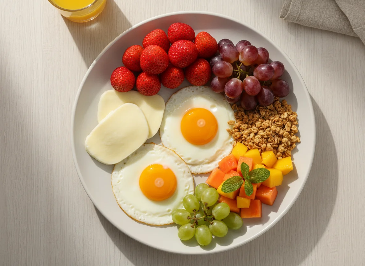 Café da manhã com frutas e ovos photo