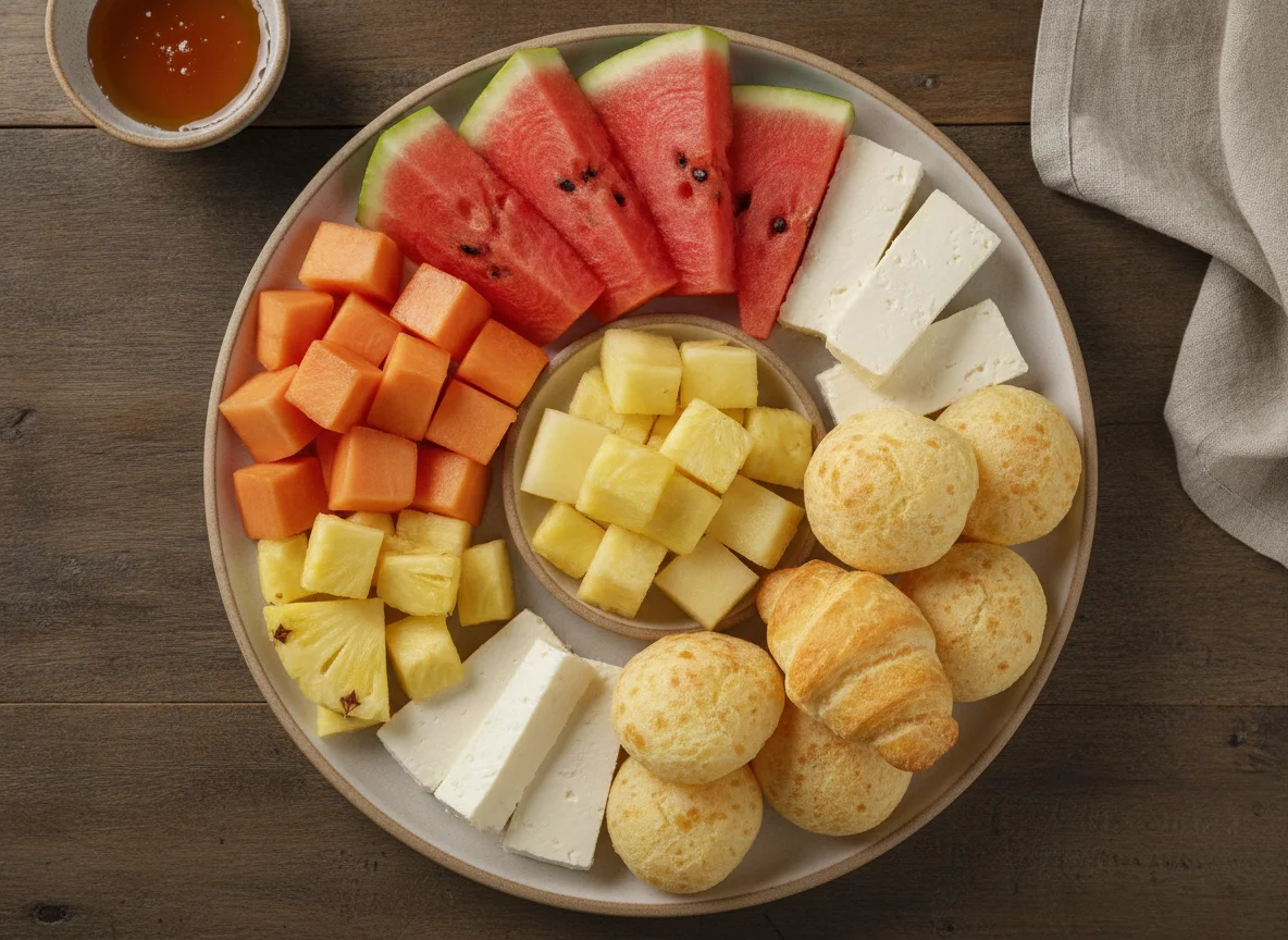 Café da manhã com frutas e pães de queijo photo
