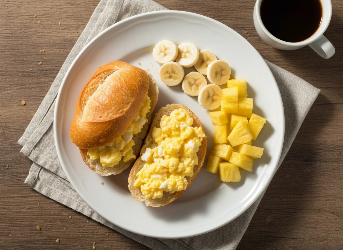 Café da manhã com frutas e pão com ovo photo