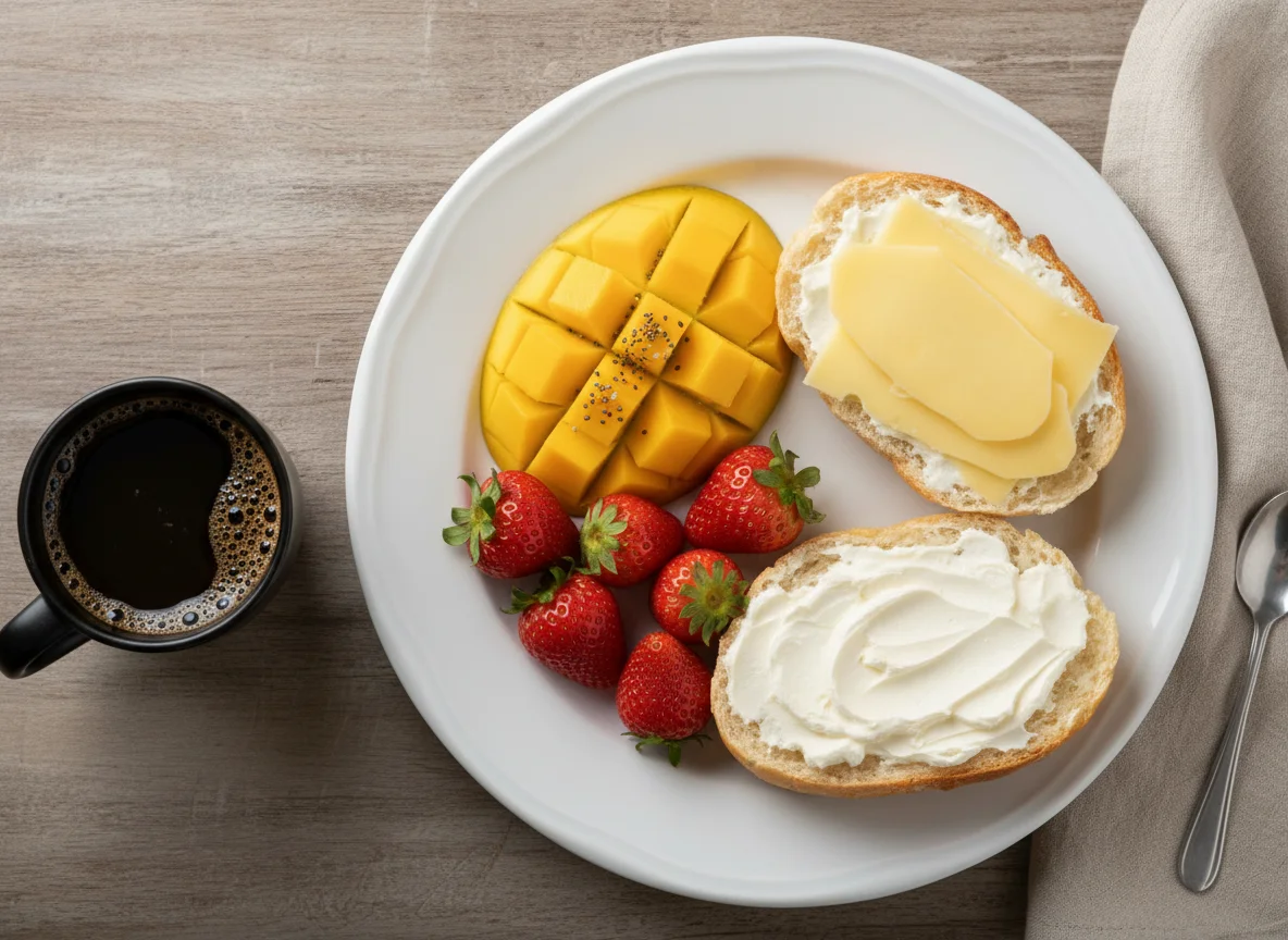 Café da manhã com frutas e pão com queijo photo