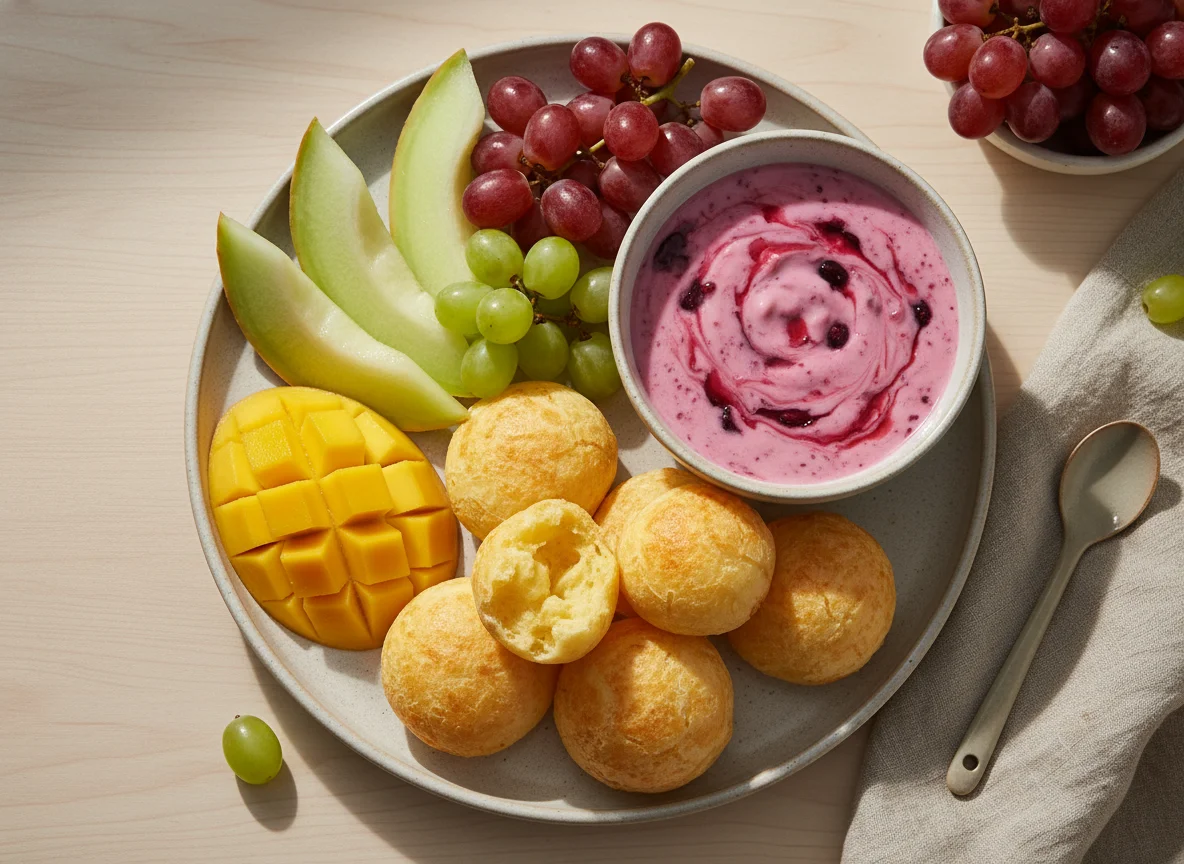 Café da manhã com frutas e pão de queijo photo