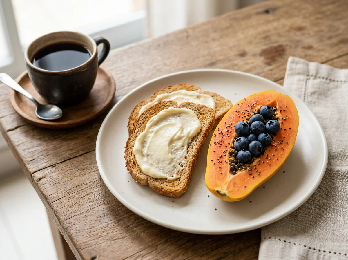 Café da manhã com frutas e torradas photo