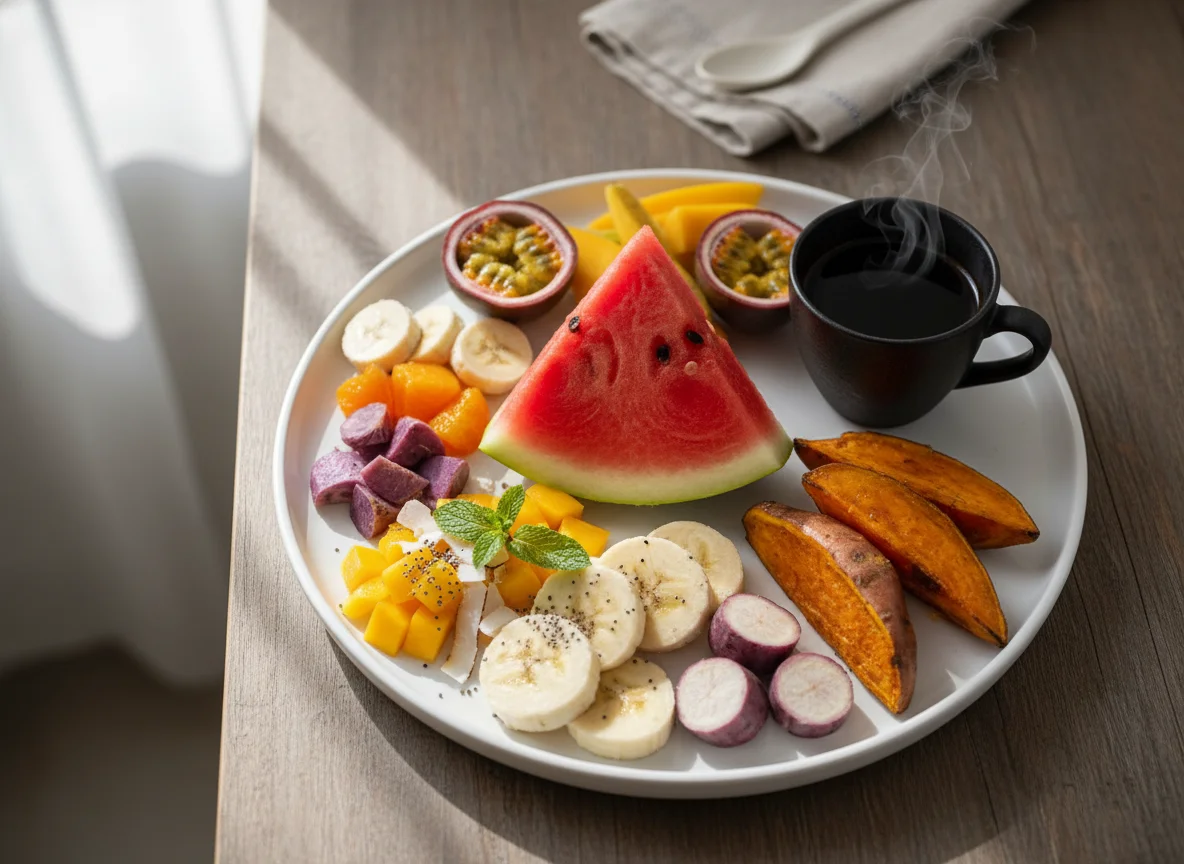 Café da manhã com frutas e tubérculos photo