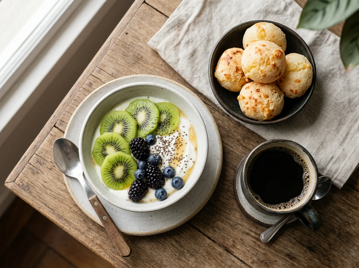 Café da manhã com frutas, iogurte e pão de queijo photo