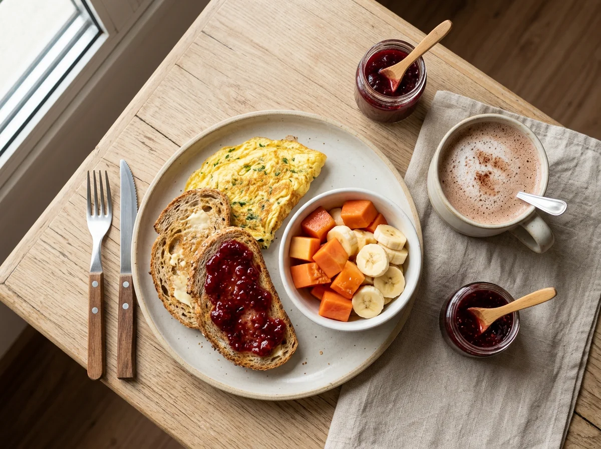 Café da manhã com frutas, omelete e torrada photo