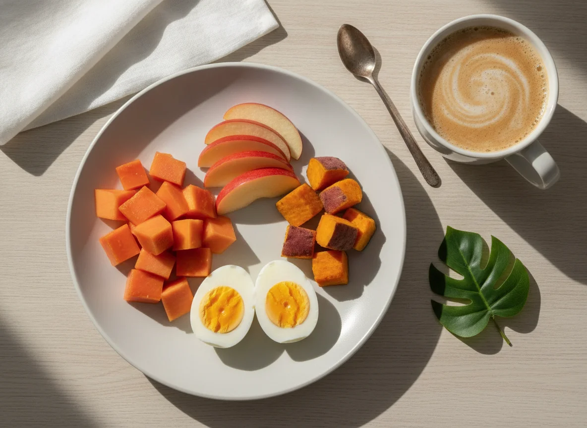 Café da manhã com frutas, ovo e café com leite photo