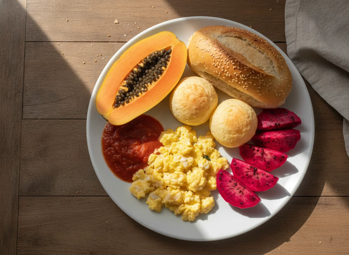 Café da manhã com frutas, ovos e pão photo