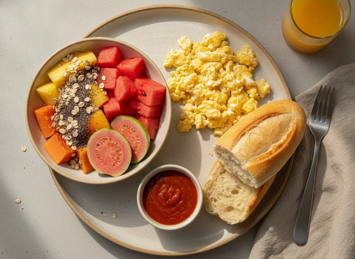 Café da manhã com frutas, ovos mexidos e pão francês photo