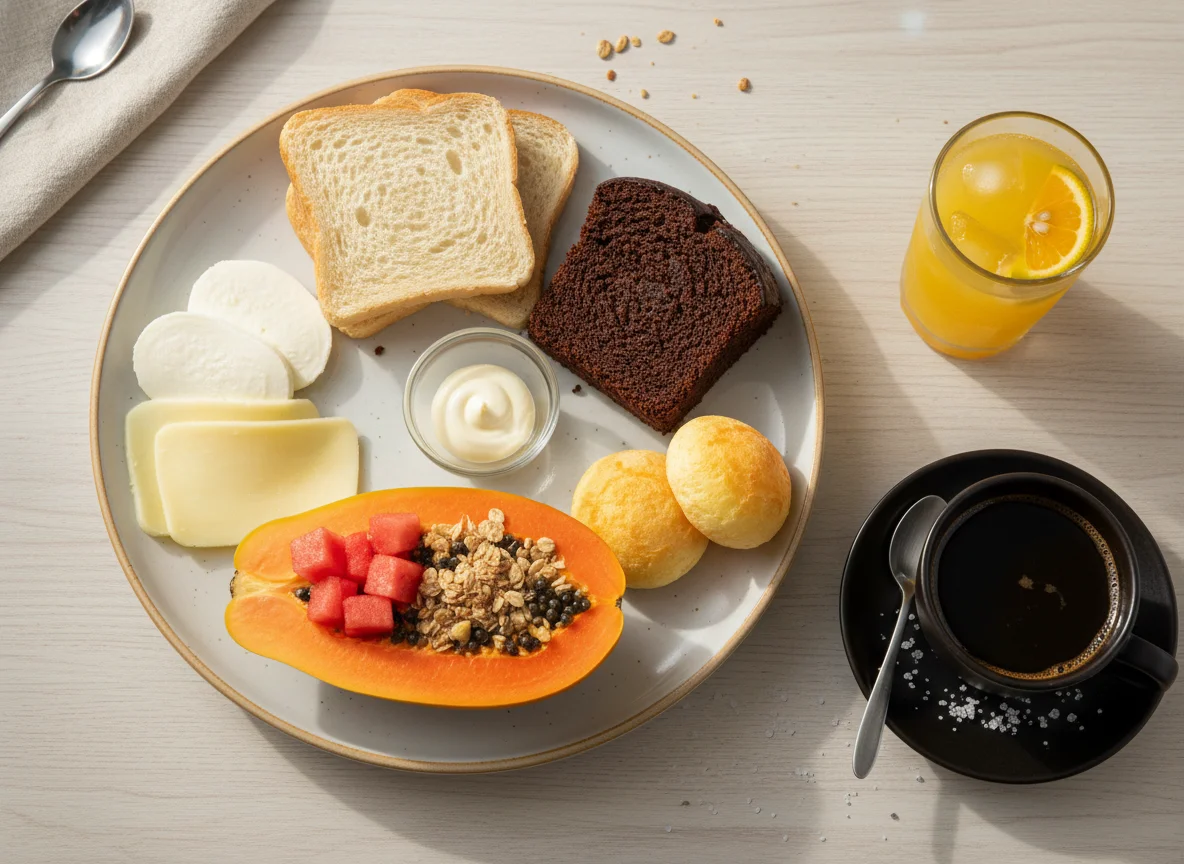 Café da manhã com frutas, pão, bolo e suco photo