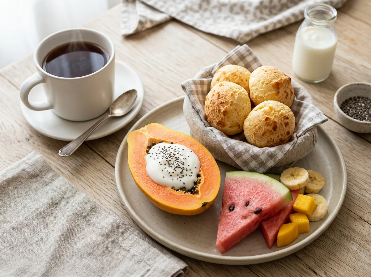 Café da manhã com frutas, pão de queijo e iogurte photo