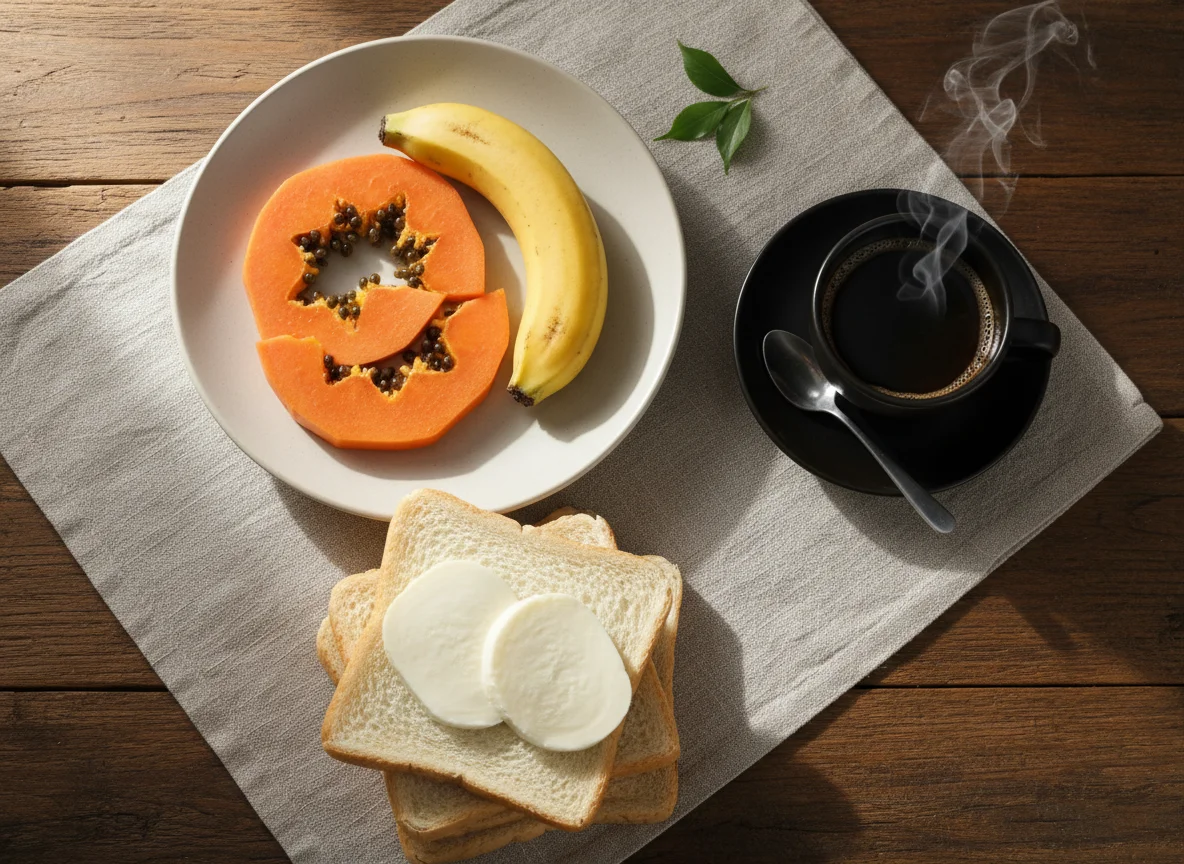 Café da manhã com frutas, pão e café photo