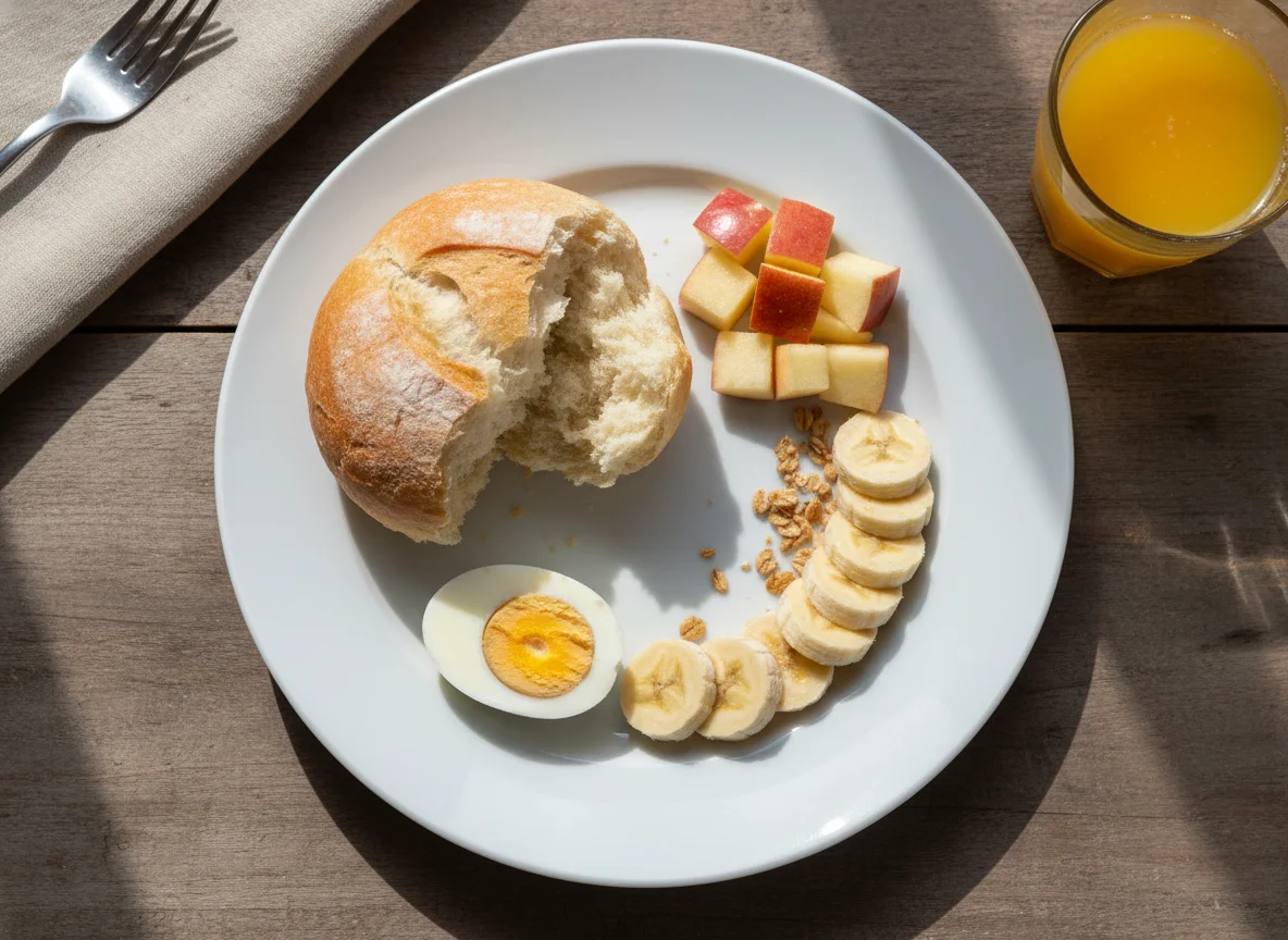 Café da manhã com frutas, pão e ovos photo