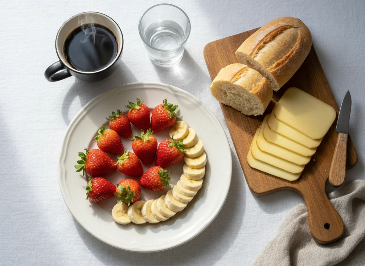 Café da manhã com frutas, pão e queijo photo