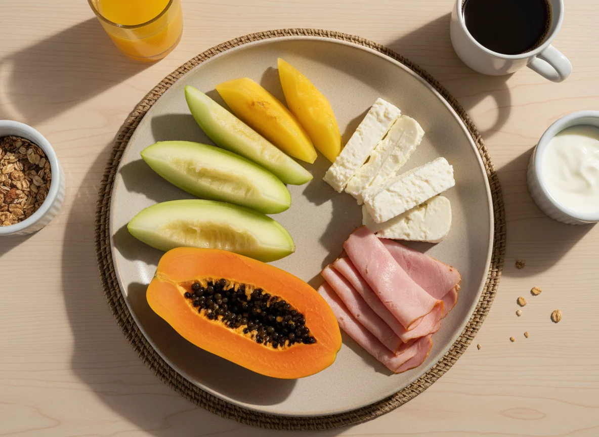 Café da manhã com frutas, queijo e presunto photo