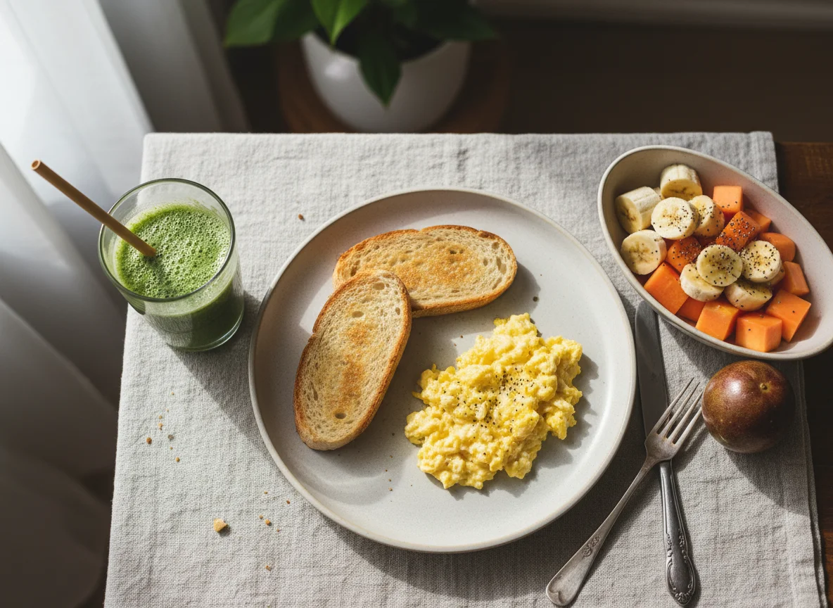 Café da manhã com frutas, suco e torrada photo