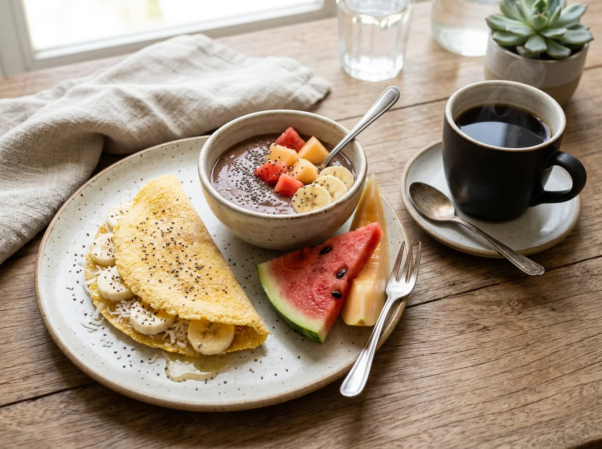 Café da manhã com frutas, tapioca e café photo