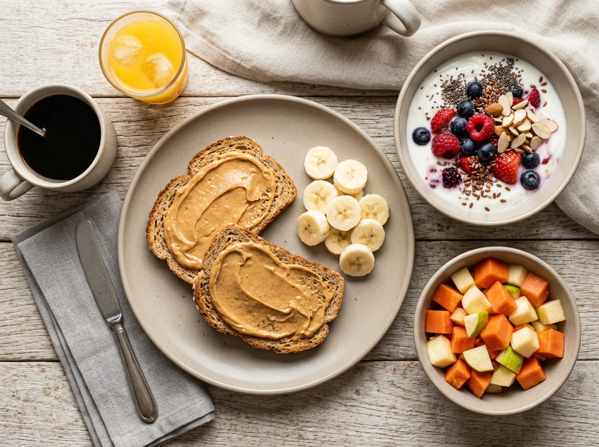 Café da manhã com frutas, torrada e iogurte photo