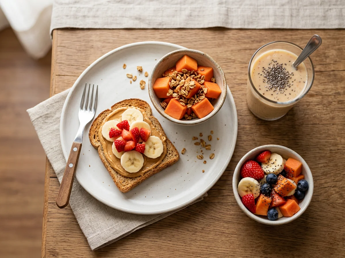 Café da manhã com frutas, torrada e vitamina photo