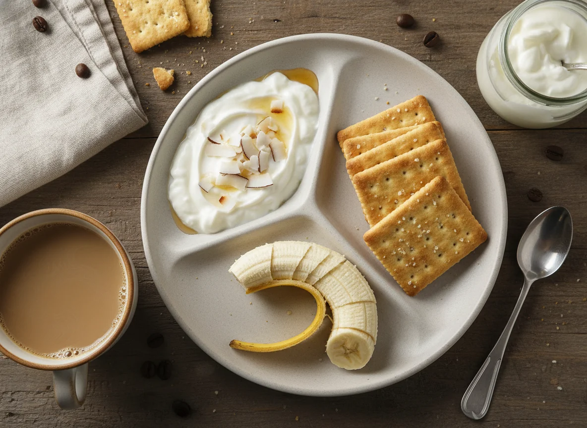 Café da manhã com iogurte, café, banana e biscoitos photo