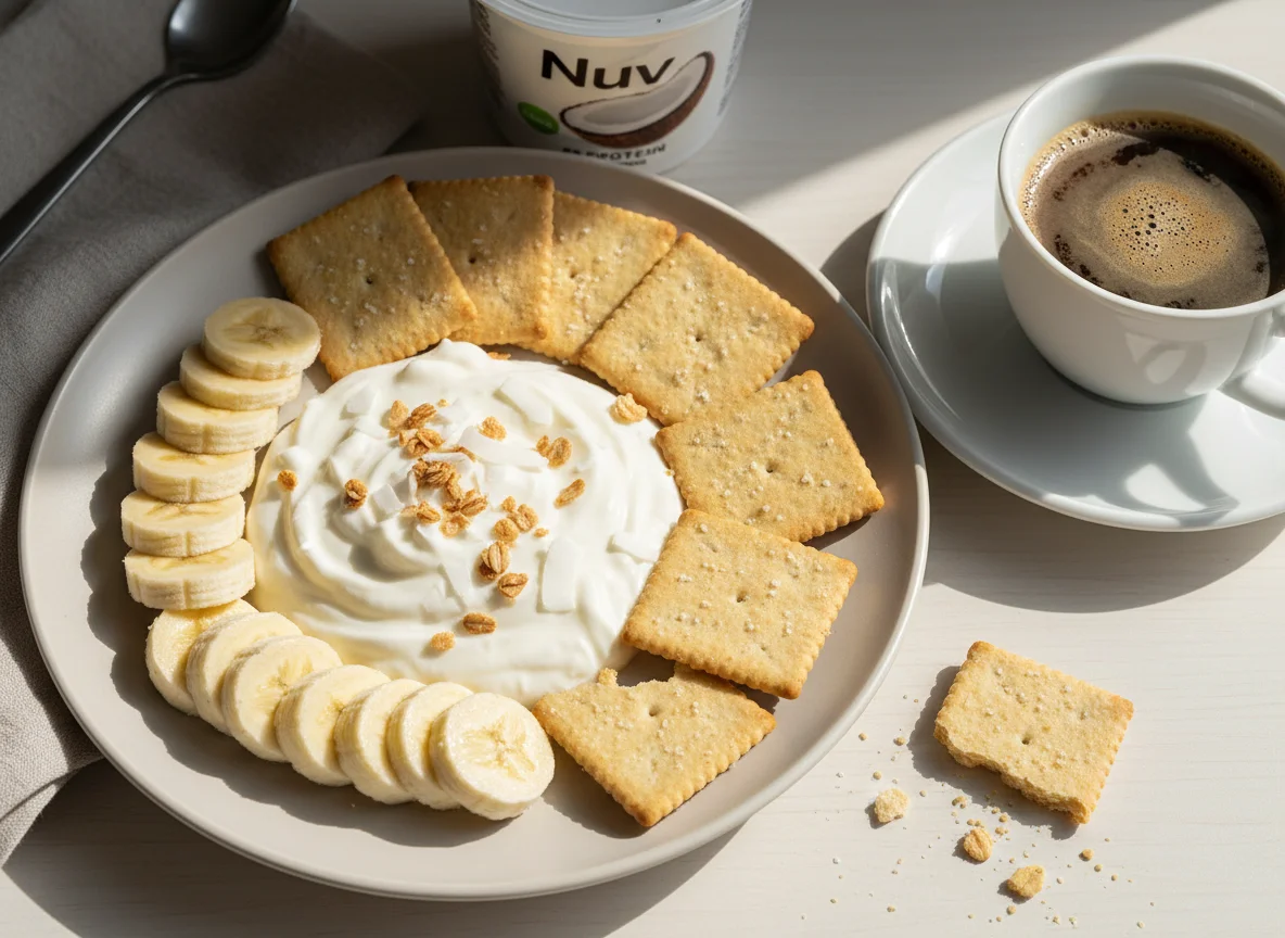 Café da manhã com iogurte e biscoitos photo