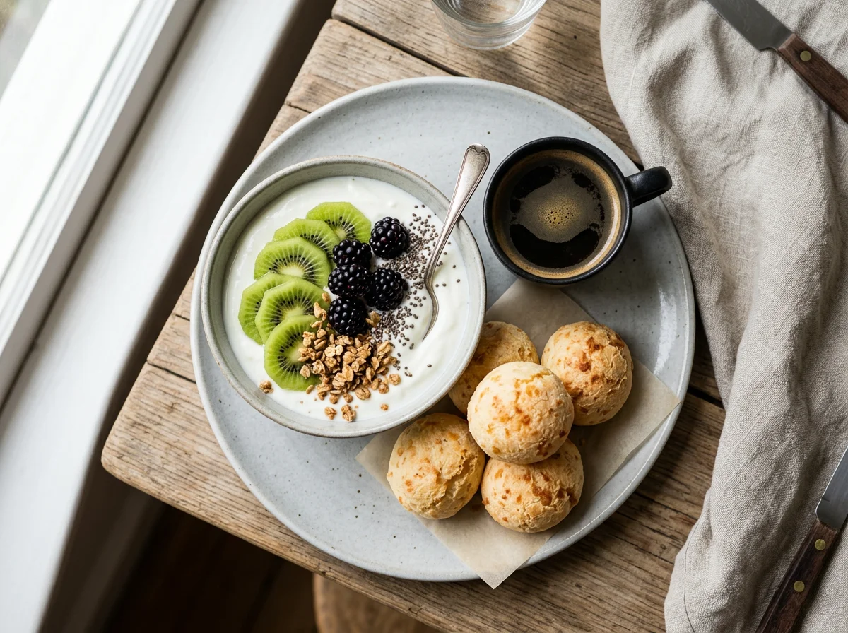 Café da manhã com iogurte, frutas e pão de queijo photo