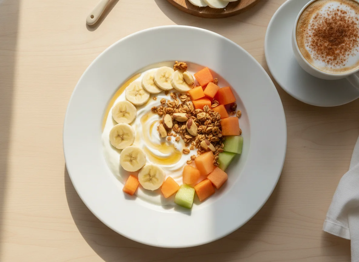 Café da manhã com iogurte, frutas, queijo e cappuccino photo